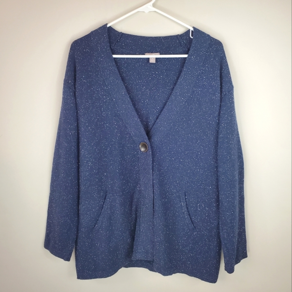 J. Jill Size M Petite Blue Speckled Rabbit Hair Blend Cardigan With Pockets